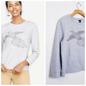 Ann Taylor Gray Sweatshirt Womens L Embroidered Bird Pullover Cozy Casual Chic
